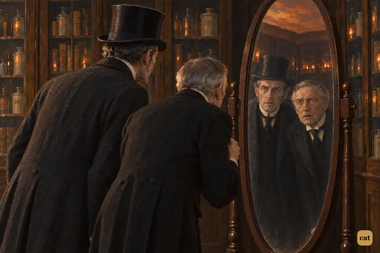 Utterson and Poole bend towards the cheval-glass in Jekyll's cabinet, expecting horror