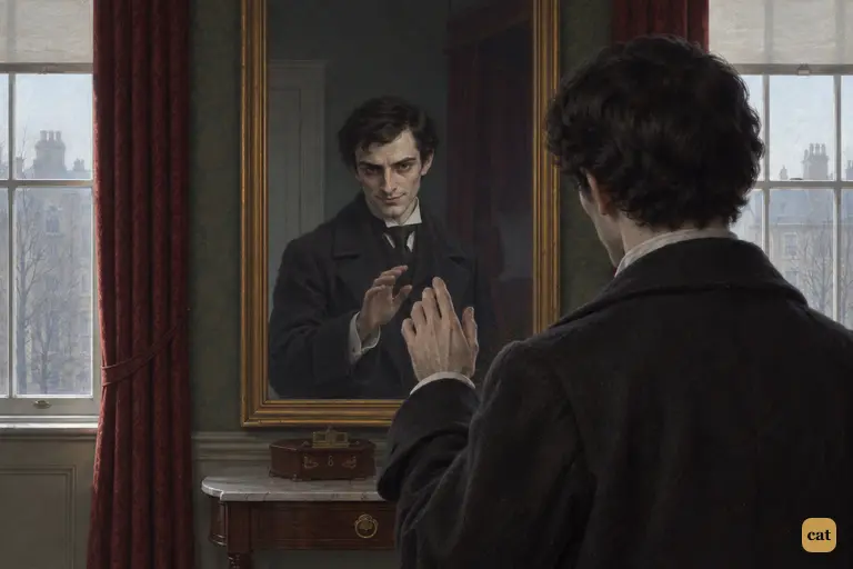 Before dawn at the pier glass, Hyde sees his new face for the first time and is glad