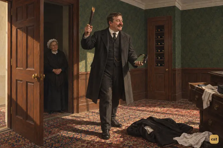 Inspector Newcomen raises the stick's other half and the burnt cheque-book butt