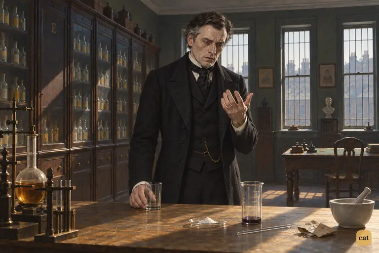 Dr Jekyll stands at the chemical table with the emptied glass and stares at his raised palm.