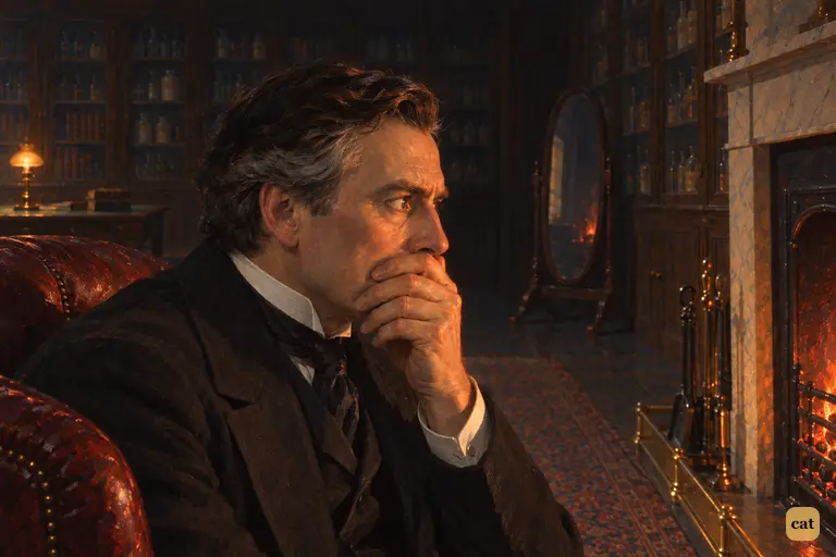Jekyll sits by the red grate at midnight, hand over his mouth, horrified by Hyde's deeds