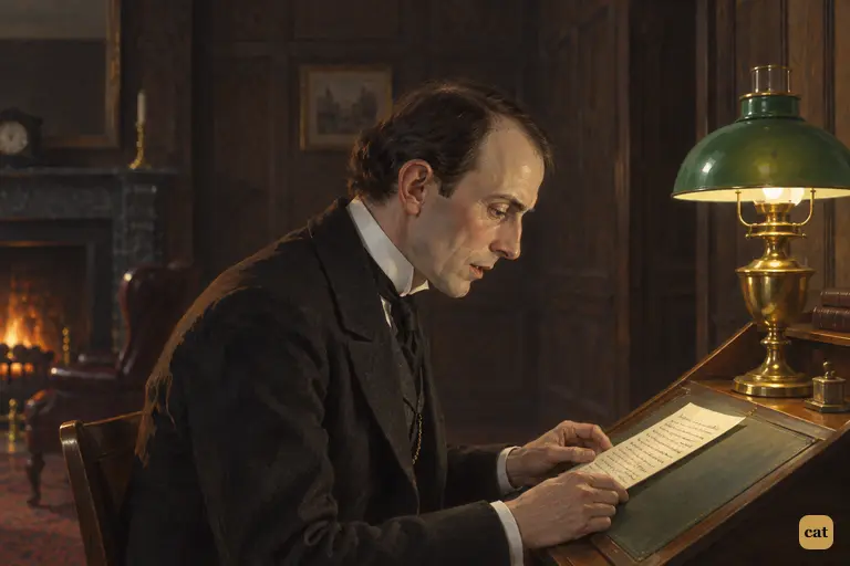 Mr. Guest, a keen student of handwriting, bends over Hyde's letter under the lamp