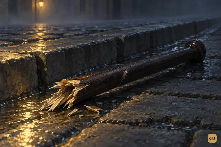 Half of the murderer's heavy cane lies in the wet stone gutter of the lane.