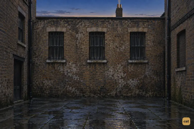 The small court behind the laboratory at dusk, just after Utterson and Enfield have gone.