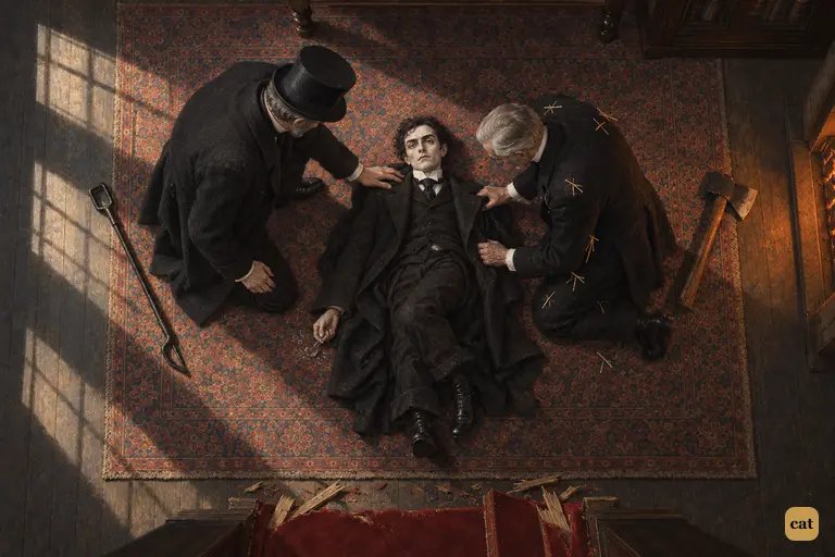 Utterson and Poole kneel over the small, twisted body and see the face of Edward Hyde
