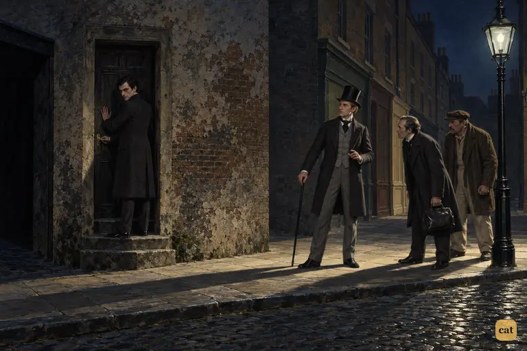 In the dark recess of the neglected door, the man who trampled the child uses his own key