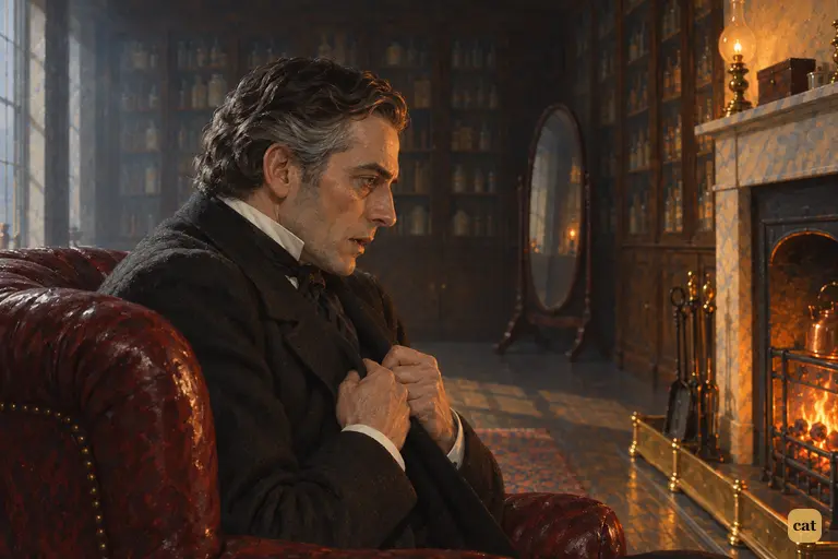 Hearing the news of the murder, the sick Dr. Jekyll flinches by the fire.