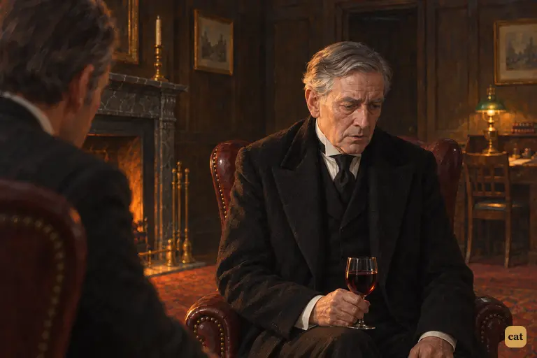 Poole sits stiff in the firelit wing chair by Mr. Utterson's hearth.
