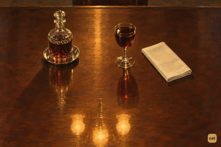 A full glass of wine stands untouched by a decanter on Lanyon's mahogany table