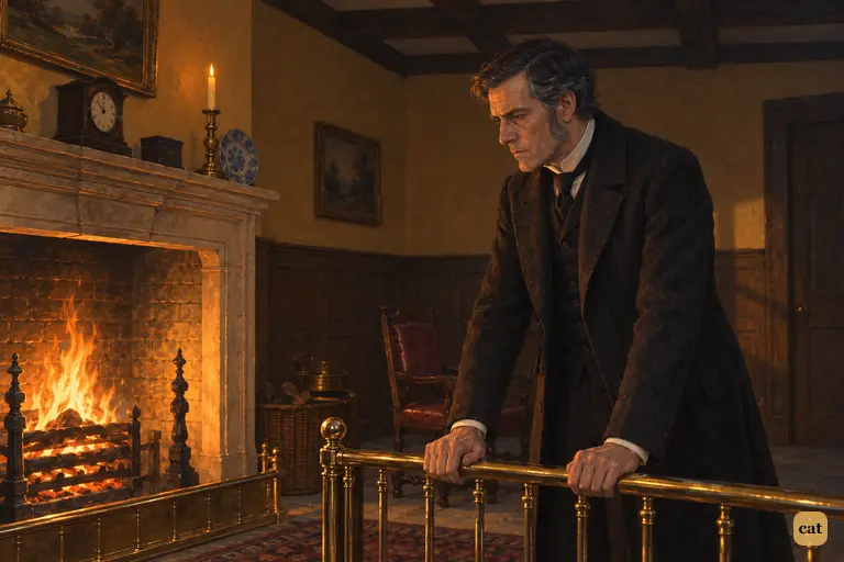 Alone in Jekyll's firelit hall, Utterson leans heavily on the tall brass fender.