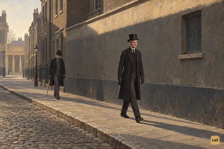 Utterson walks upright and alone along a blank, soot-dark wall in pale Sunday light.