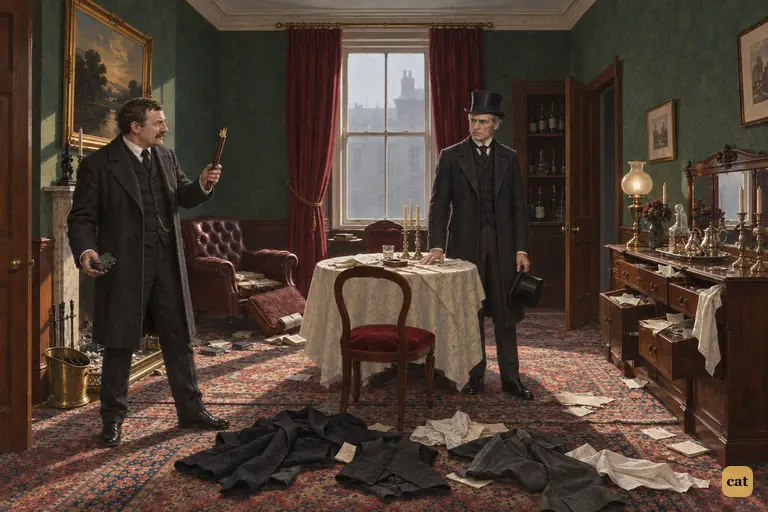 Inspector Newcomen holds up the other half of the broken stick in Hyde's rooms