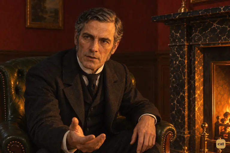 Across the hearth, Utterson leans toward his friend with an open palm.