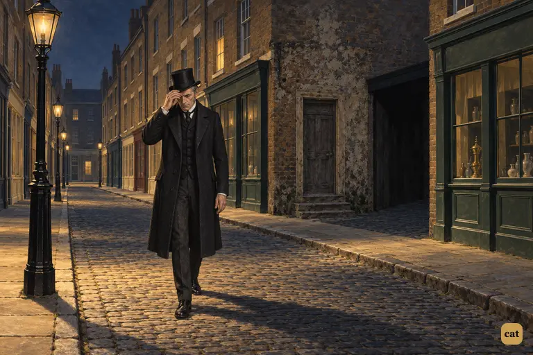 After Hyde disappears, Mr. Utterson walks slowly up the frosty, lamplit by-street alone