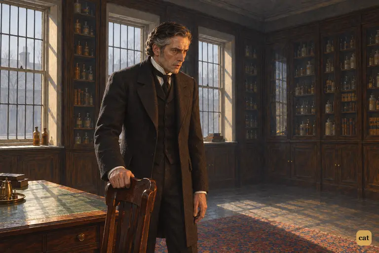 Gripping a chair in Jekyll's cabinet, Utterson asks if he has hidden Hyde