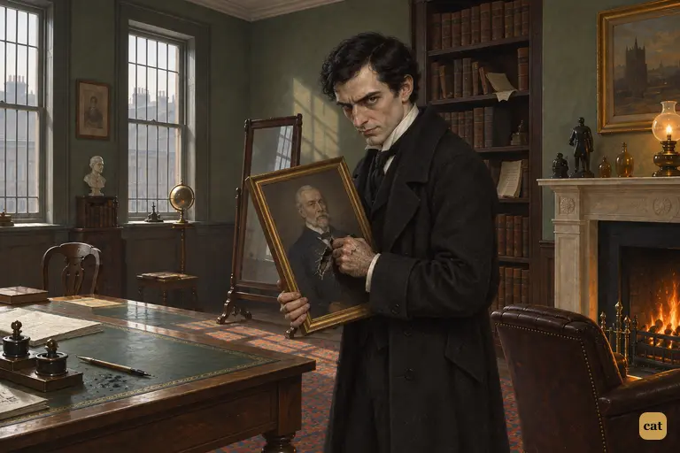 Hyde smiles thinly as he pushes inky fingers through Jekyll's father's portrait