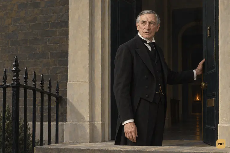 On Jekyll's doorstep, the loyal butler gives his usual quiet report to an unseen visitor