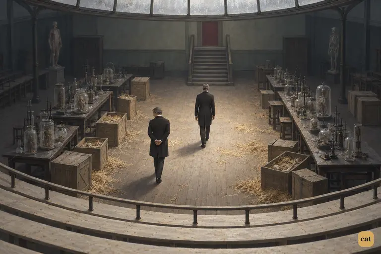 Poole leads Mr. Utterson across Dr. Jekyll's old dissecting theatre.