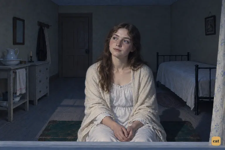 The young maid sits calm and trusting on her green box under the moonlit window