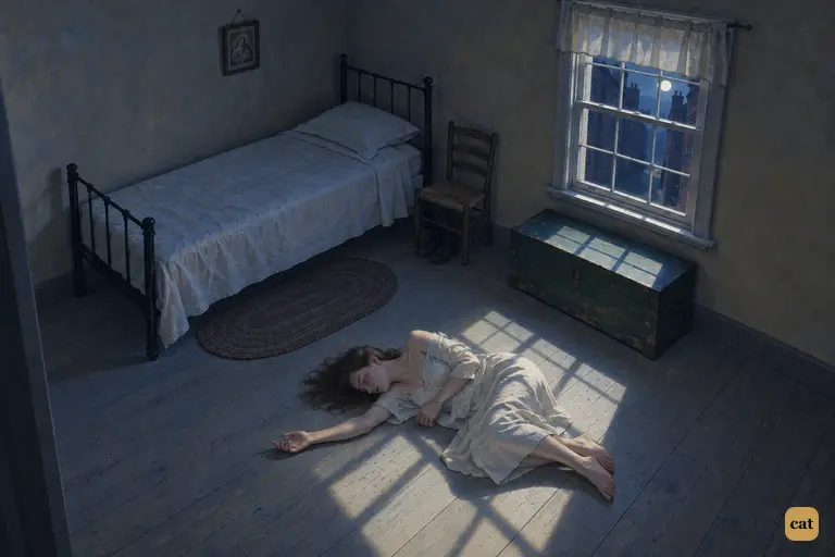 The maid lies unconscious on the bare boards beside her green box in moonlight