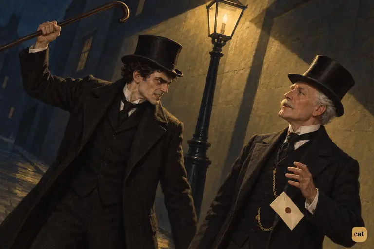 Under a gas lamp in a narrow lane, Hyde raises his heavy cane over Sir Danvers Carew