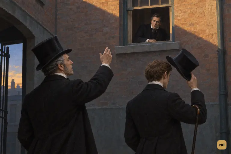Utterson waves cheerfully up at the half-open window and Enfield raises his hat