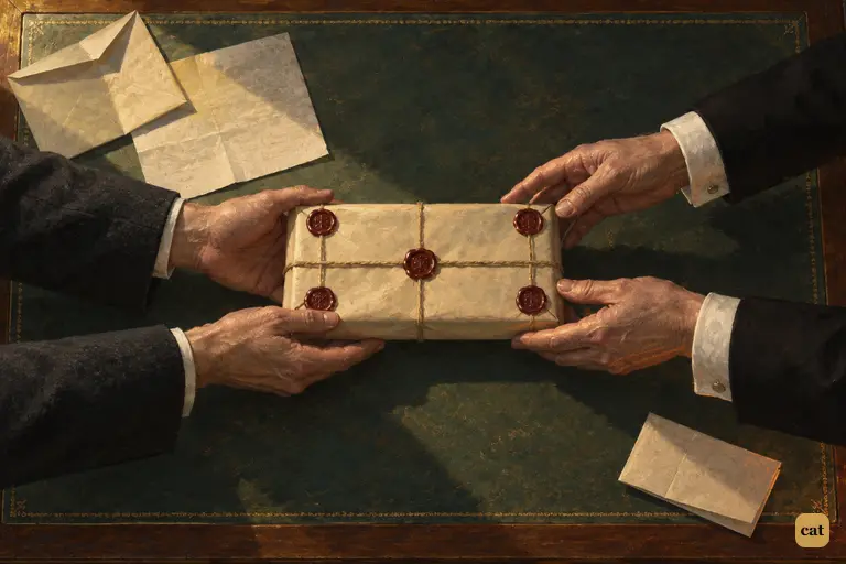 Poole passes Jekyll's thick, many-sealed packet into Utterson's cupped hands