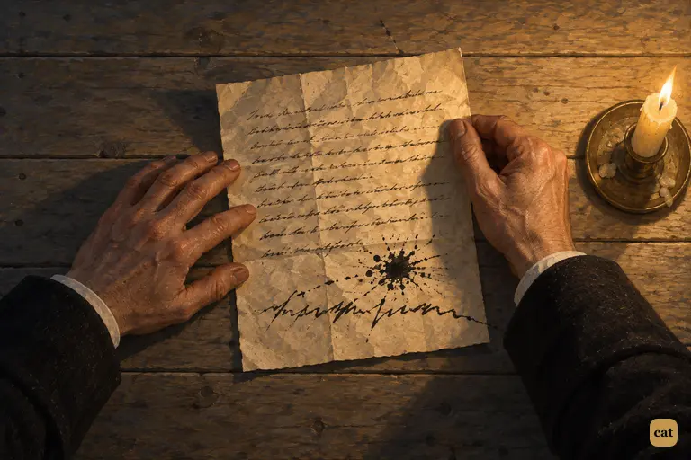 By candlelight, Utterson holds Jekyll's crumpled order to the chemists flat on the kitchen table.