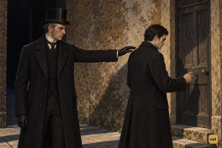 Mr. Utterson steps out of the dark court entry and reaches for Hyde's shoulder.