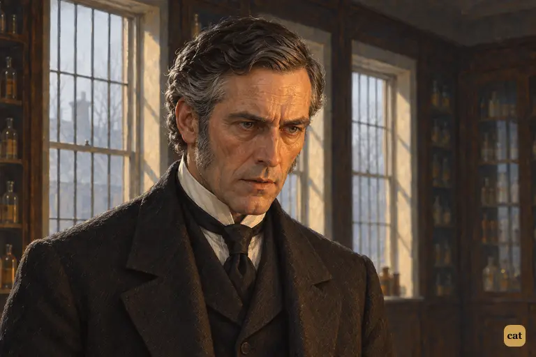 Utterson stands by the business table and hears out Jekyll's fevered oath