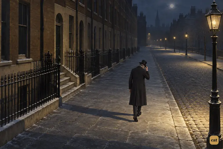After meeting Hyde, Utterson walks home alone down a long, frost-bright London street.