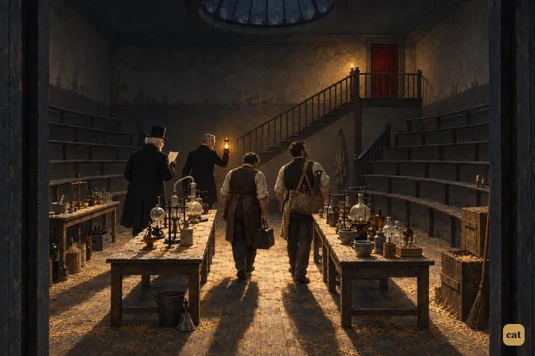 At night, Lanyon, Poole and two tradesmen walk into Dr. Denman's dusty, windowless surgical theatre.