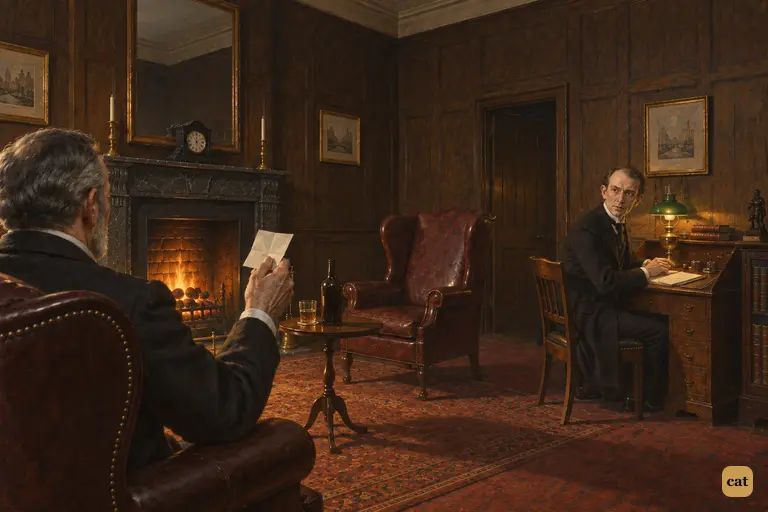 Mr. Guest turns from Hyde's letter to look at the note in Utterson's raised hand