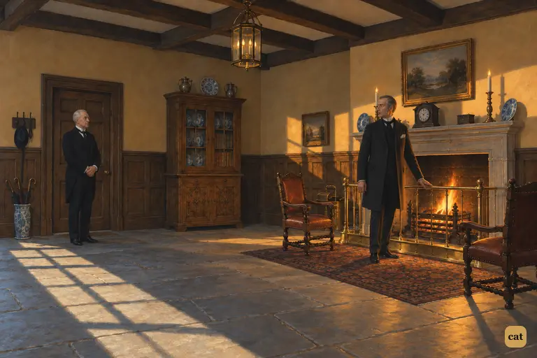 Leaving through the firelit hall, the lawyer asks the butler about the messenger