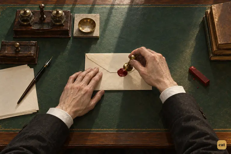 Henry Jekyll's thin, wasted hands hold a brass seal just above the red wax on his confession.