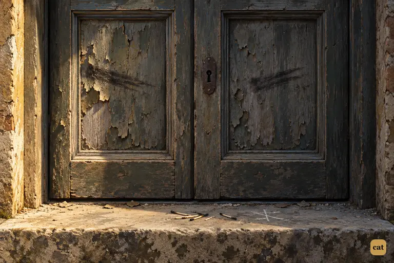 The forgotten door's lower half: blistered paint, match streaks, a schoolboy's knife cuts