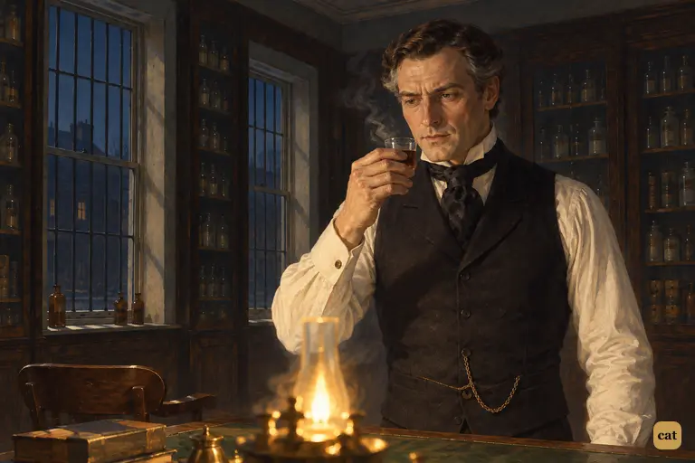 Henry Jekyll lifts the still-smoking draught and stops it an inch from his lips