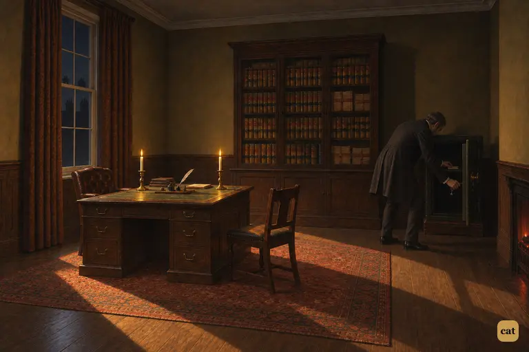 Late at night Mr. Utterson is alone in his candlelit business room.