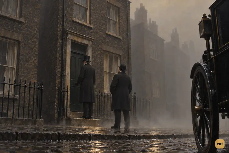 Brown fog closes over the Soho street around the grimy house of a rich heir