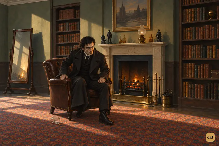 In the fire-lit cabinet, Hyde has just woken in the chair where Jekyll dozed.