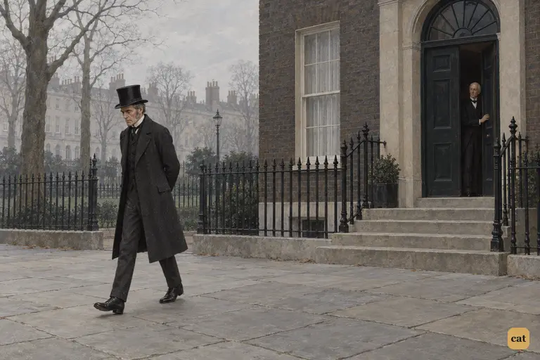 Utterson walks away across the grey square from Jekyll's closed-off house.