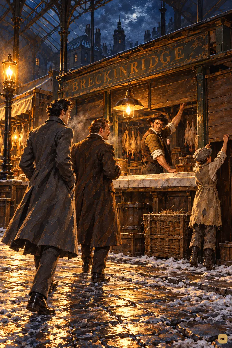 On a frosty Covent Garden night, the poultry dealer and his boy put up the shutters over bare marble slabs while two men in ulsters cross the cobbles toward the stall.