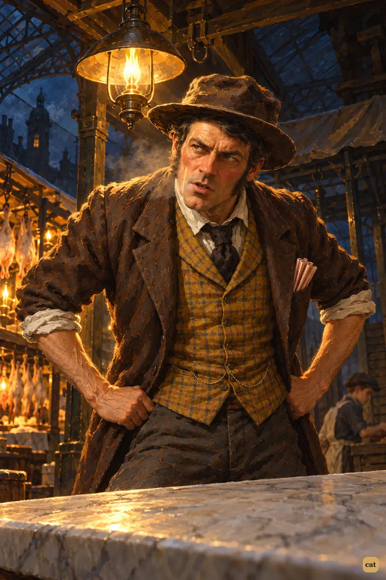 Breckinridge, the Covent Garden goose salesman, flares with sudden anger under his stall lamp.
