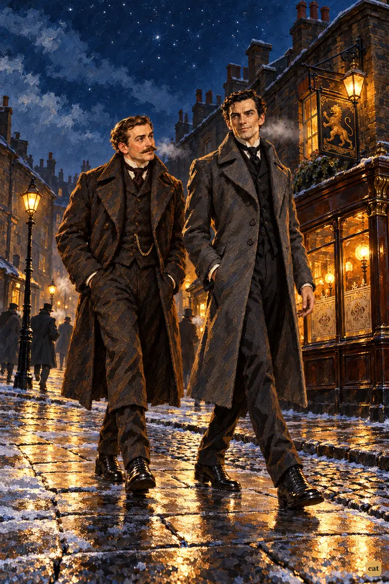 Holmes and Watson stride briskly through a hard-frosted, starlit Bloomsbury street toward the glowing corner of the Alpha Inn, their breath and that of distant passers-by bursting white in the bitter cold.