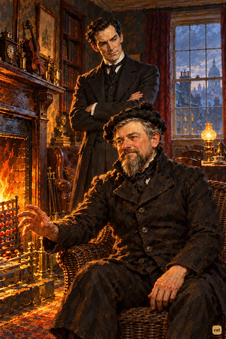 In the firelit sitting-room at Baker Street, the round-shouldered Henry Baker warms his trembling hand at the grate while Sherlock Holmes stands behind him, studying him with quiet amusement.