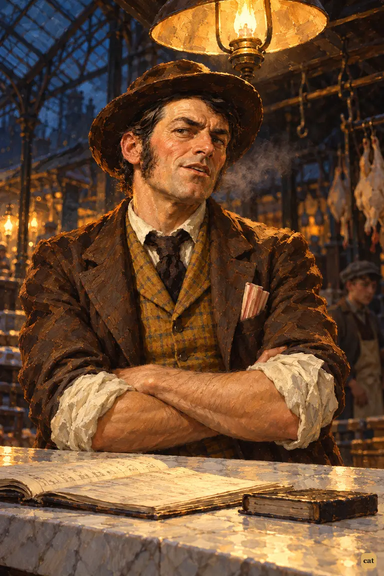 Breckinridge, the Covent Garden poultry dealer, glares down in gleeful triumph over his open ledgers beneath the harsh gas lamp.