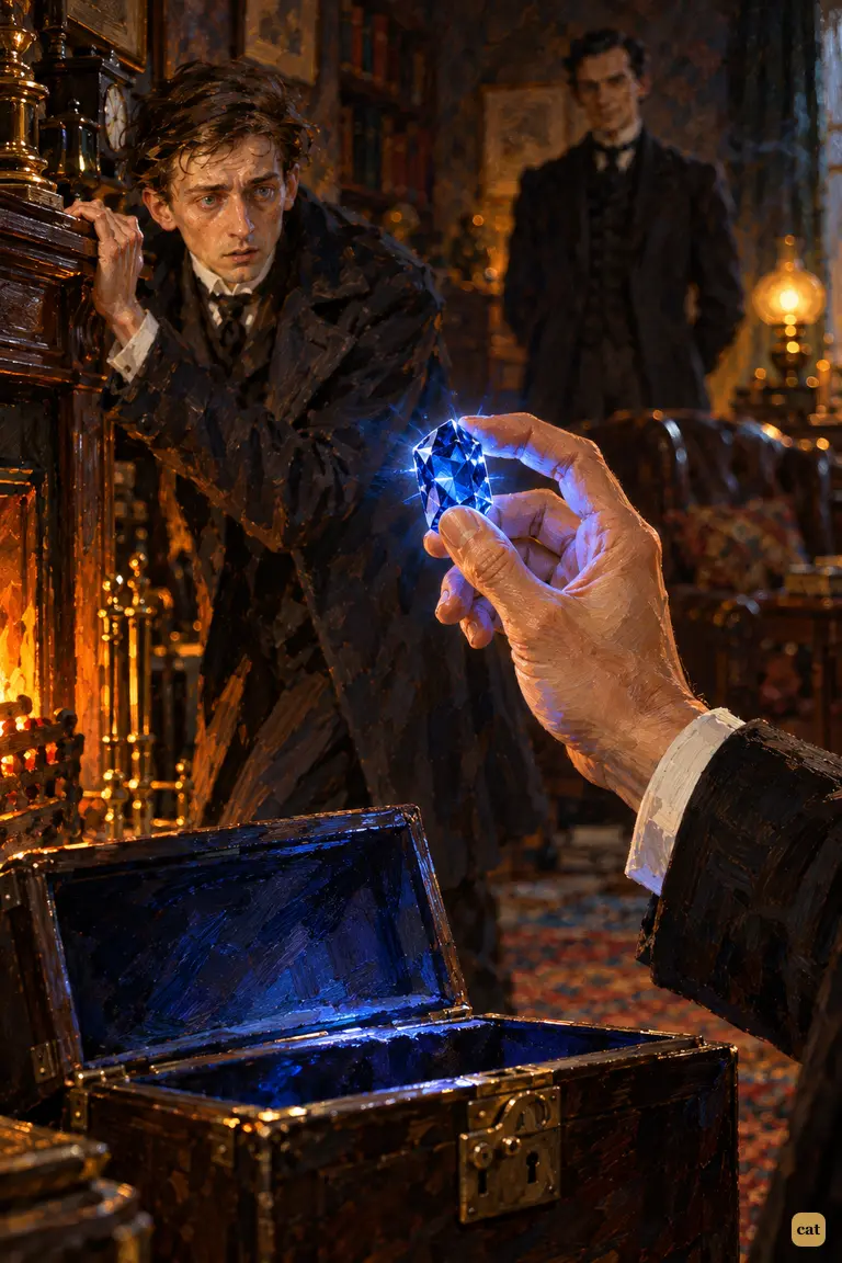 Holmes's steady hand raises the blazing blue stone above the open strong-box, a single cold star in the amber firelit room.
