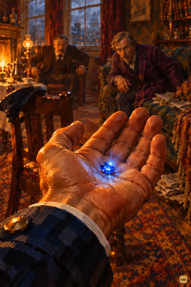 Peterson's open palm offers the blazing blue carbuncle to the warm, dark sitting-room, while Holmes and Watson lean toward it in blurred silhouette behind.