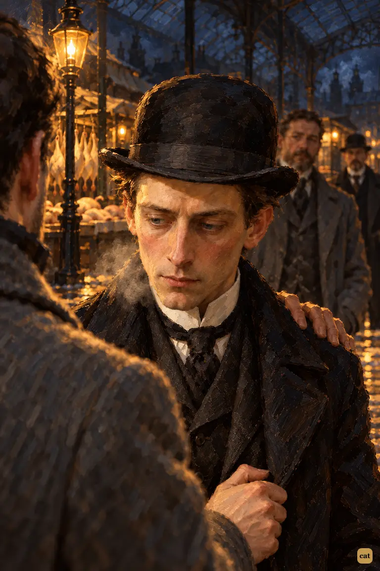 Caught in the gas-light of Covent Garden, the hunted man lowers his eyes as a flush climbs his pale cheeks and he gives up his false name, James Ryder.