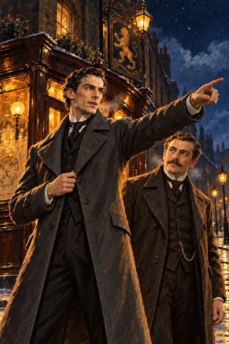 Outside the Alpha Inn on a frosty night, Holmes buttons his ulster and flings out an arm toward the south, declaring the chase will run to the bitter end, while Watson stands ready at his side.